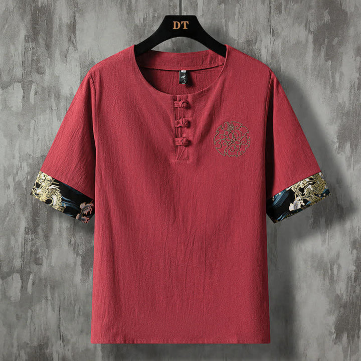 Buddha Stones Camisas de manga corta para hombre, estilo casual de verano, con botones de rana y bordado de flores. - Granate - US/UK/AU48, EU58 (5XL) - image 12