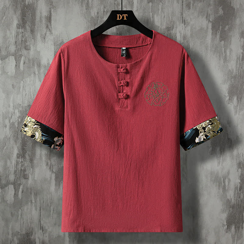 Buddha Stones Camisas de manga corta para hombre, estilo casual de verano, con botones de rana y bordado de flores. - Granate - US/UK/AU46, EU56 (5XL) - image 12