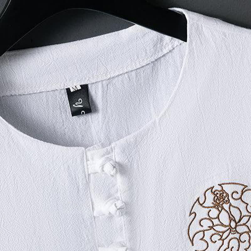 Buddha Stones Camisas de manga corta para hombre, estilo casual de verano, con botones de rana y bordado de flores. - image 2