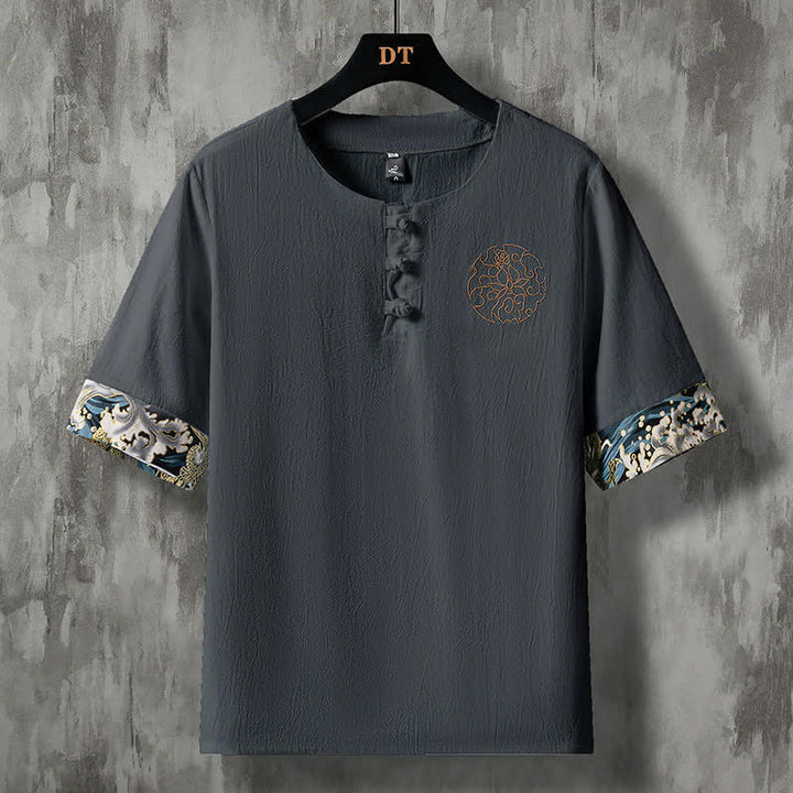 Buddha Stones Camisas de manga corta para hombre, estilo casual de verano, con botones de rana y bordado de flores. - Gris oscuro - US/UK/AU46, EU56 (5XL) - image 10