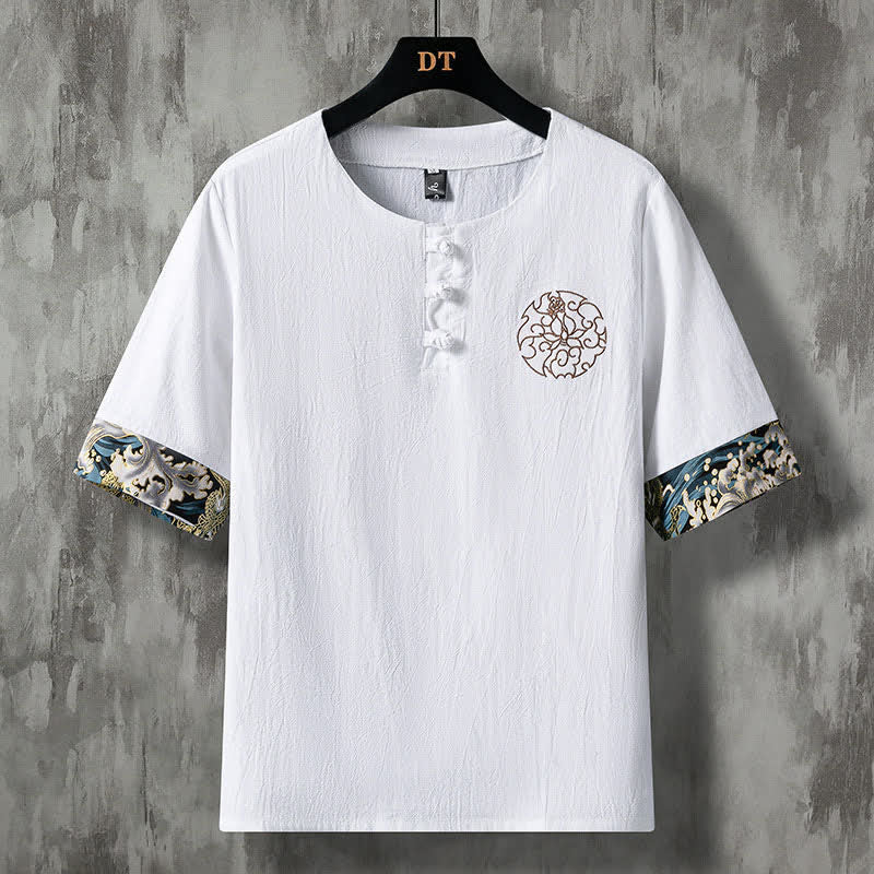 Buddha Stones Camisas de manga corta para hombre, estilo casual de verano, con botones de rana y bordado de flores. - Blanco - US/UK/AU48, EU58 (5XL) - image 0