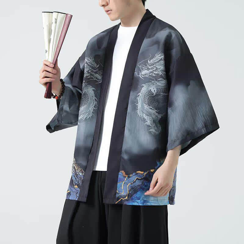 Buddha Stones Kimono de verano informal con estampado de montañas de dragones y frente abierto para hombre - image 1