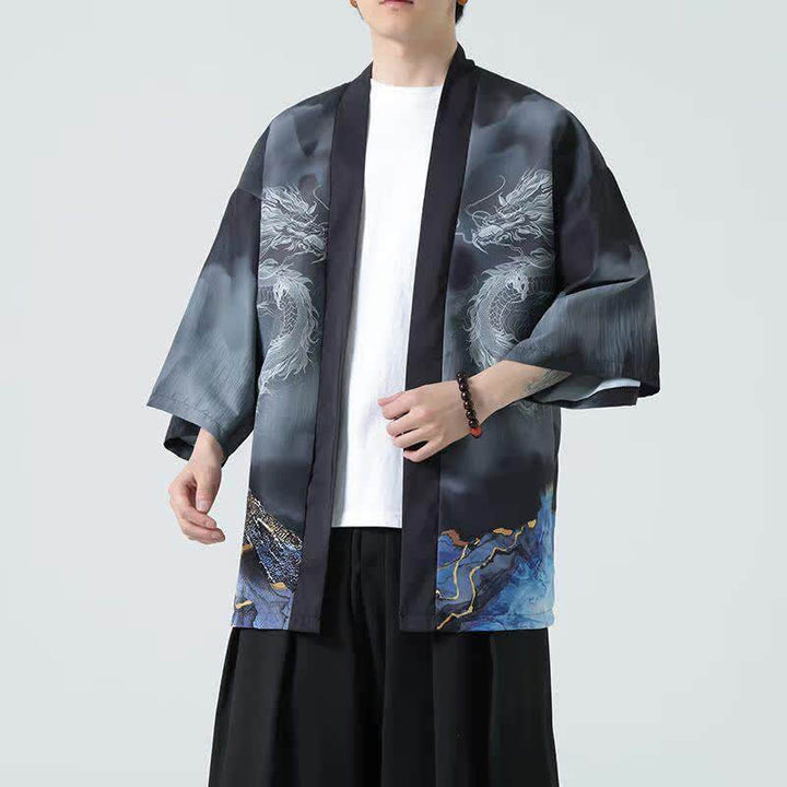 Buddha Stones Kimono de verano informal con estampado de montañas de dragones y frente abierto para hombre - Negro - US/UK/AU48, EU58 (5XL) - image 0