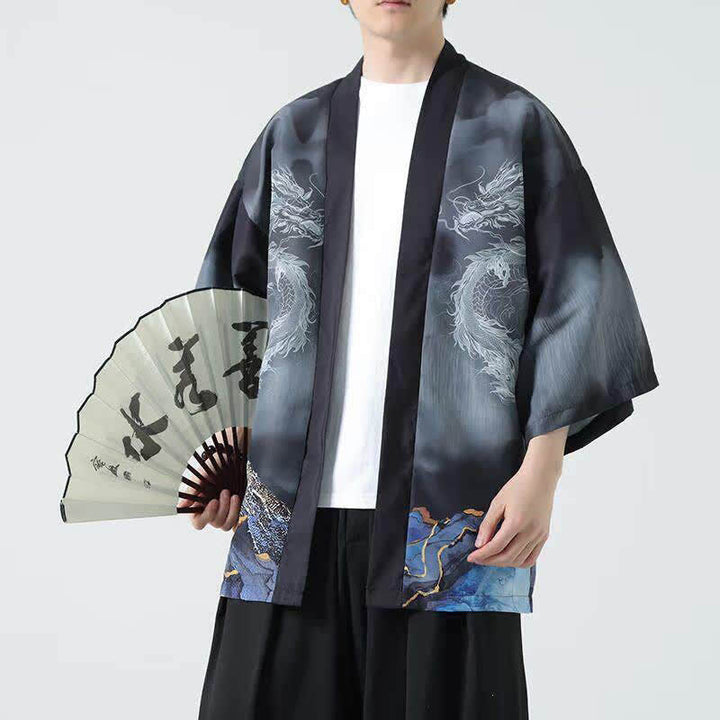 Buddha Stones Kimono de verano informal con estampado de montañas de dragones y frente abierto para hombre - image 2