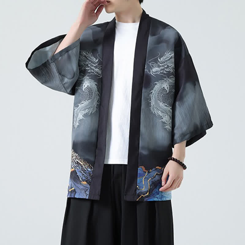 Buddha Stones Kimono de verano informal con estampado de montañas de dragones y frente abierto para hombre - image 4