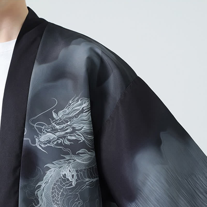 Buddha Stones Kimono de verano informal con estampado de montañas de dragones y frente abierto para hombre - image 11