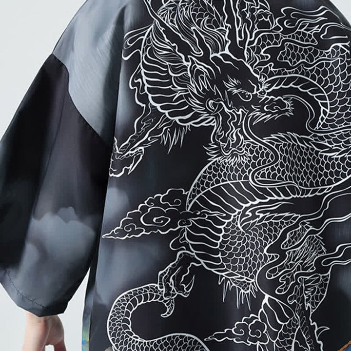 Buddha Stones Kimono de verano informal con estampado de montañas de dragones y frente abierto para hombre - image 12