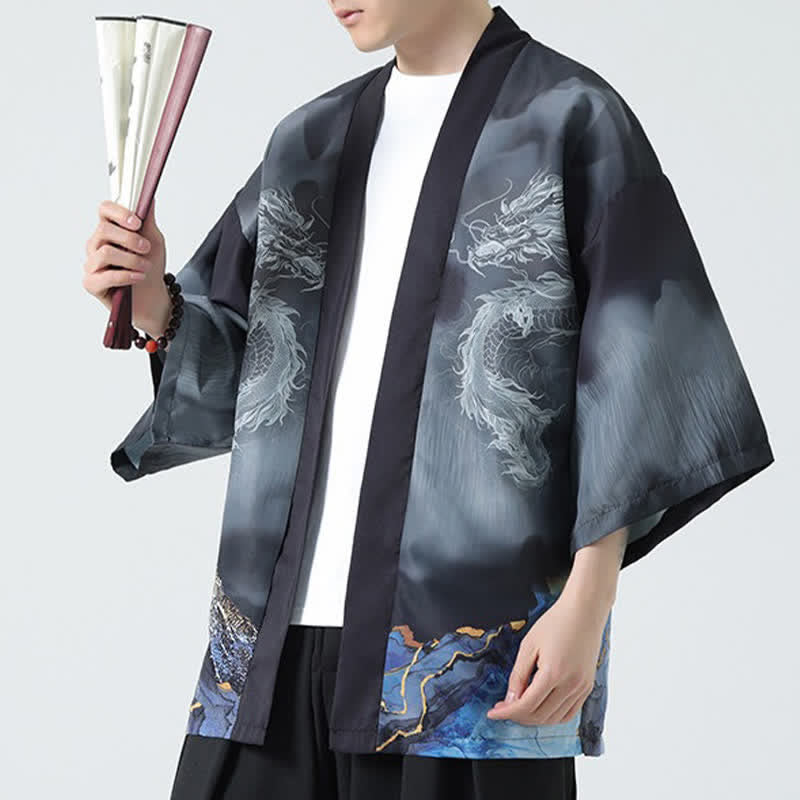 Buddha Stones Kimono de verano informal con estampado de montañas de dragones y frente abierto para hombre - image 7
