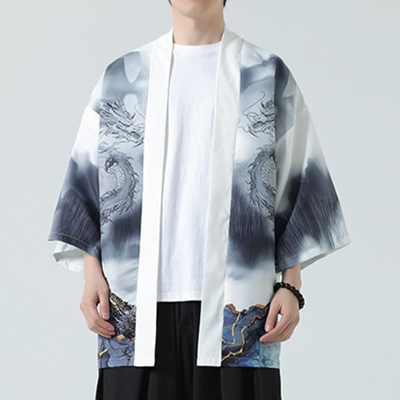 Buddha Stones Kimono de verano informal con estampado de montañas de dragones y frente abierto para hombre - image 15