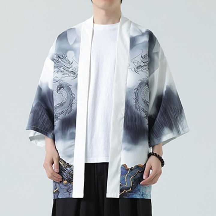 Buddha Stones Kimono de verano informal con estampado de montañas de dragones y frente abierto para hombre - image 15
