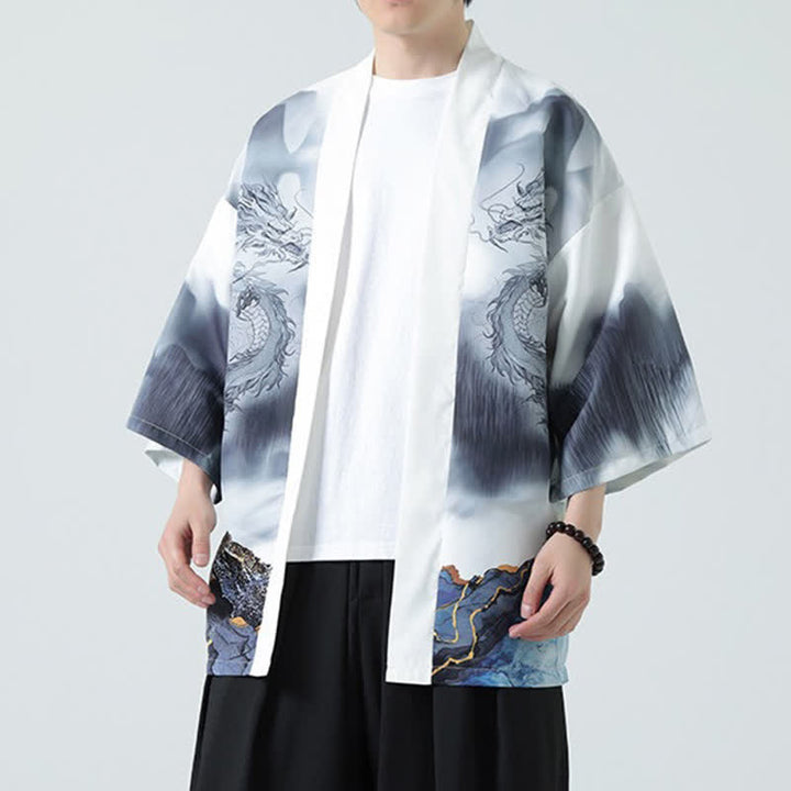 Buddha Stones Kimono de verano informal con estampado de montañas de dragones y frente abierto para hombre - Humo blanco - US/UK/AU46, EU56 (5XL) - image 13