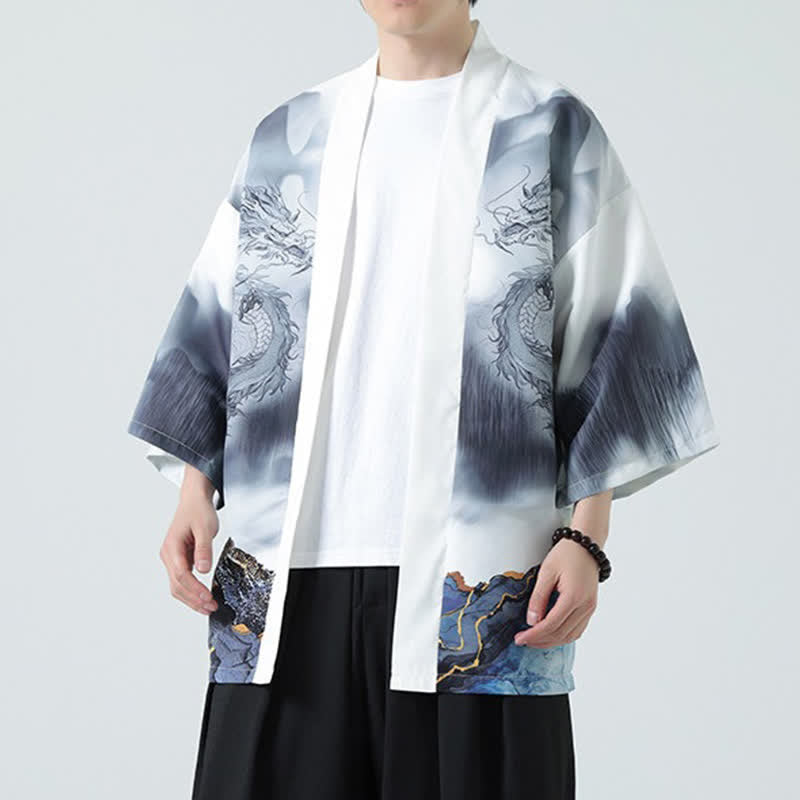 Buddha Stones Kimono de verano informal con estampado de montañas de dragones y frente abierto para hombre - Humo blanco - US/UK/AU48, EU58 (5XL) - image 13