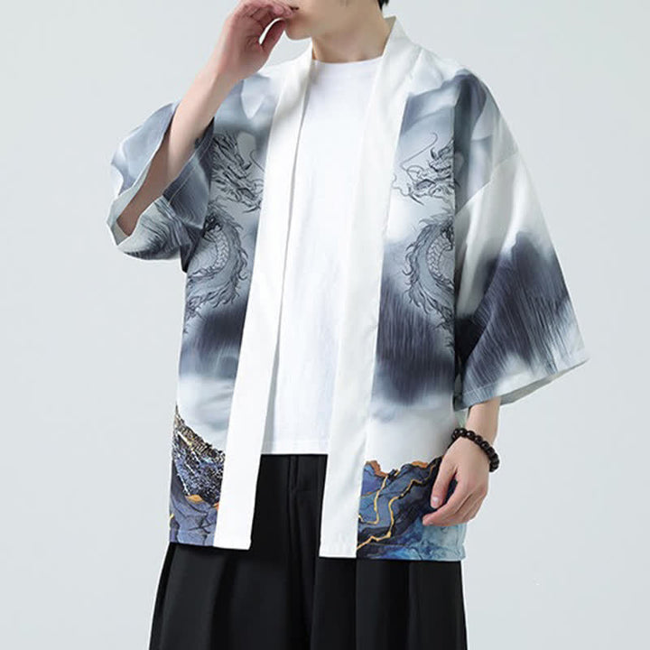 Buddha Stones Kimono de verano informal con estampado de montañas de dragones y frente abierto para hombre - image 14