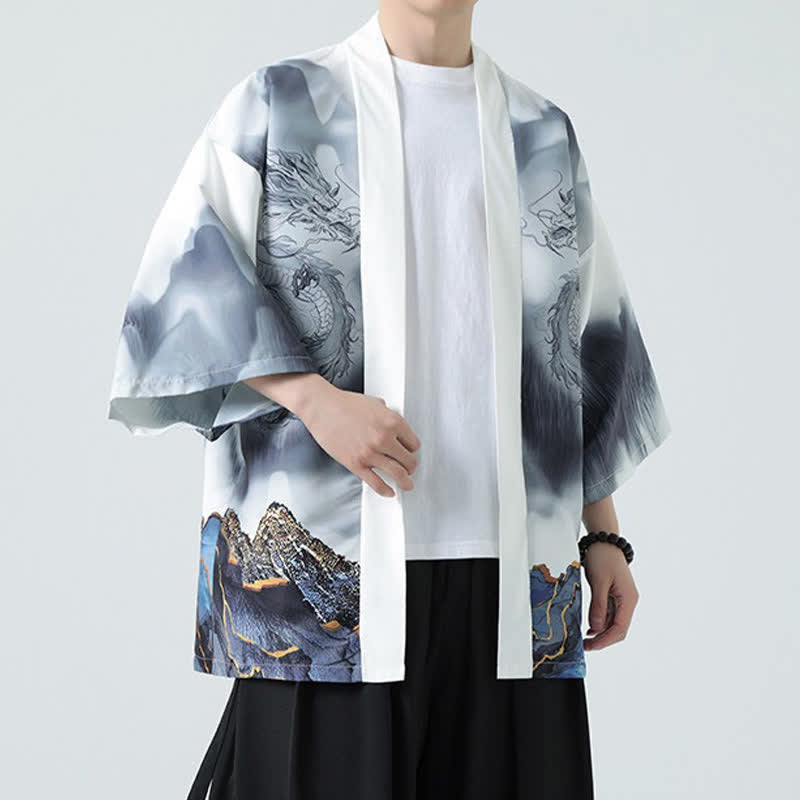 Buddha Stones Kimono de verano informal con estampado de montañas de dragones y frente abierto para hombre - image 19