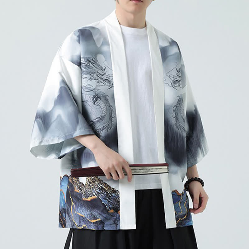 Buddha Stones Kimono de verano informal con estampado de montañas de dragones y frente abierto para hombre - image 18