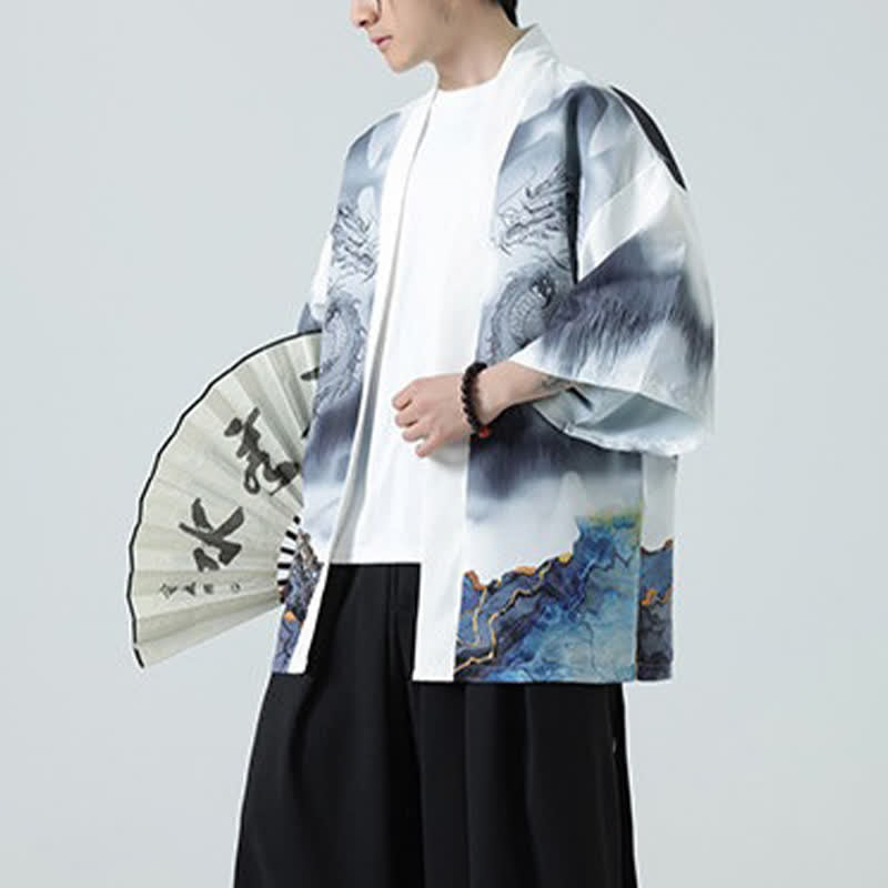 Buddha Stones Kimono de verano informal con estampado de montañas de dragones y frente abierto para hombre - image 21