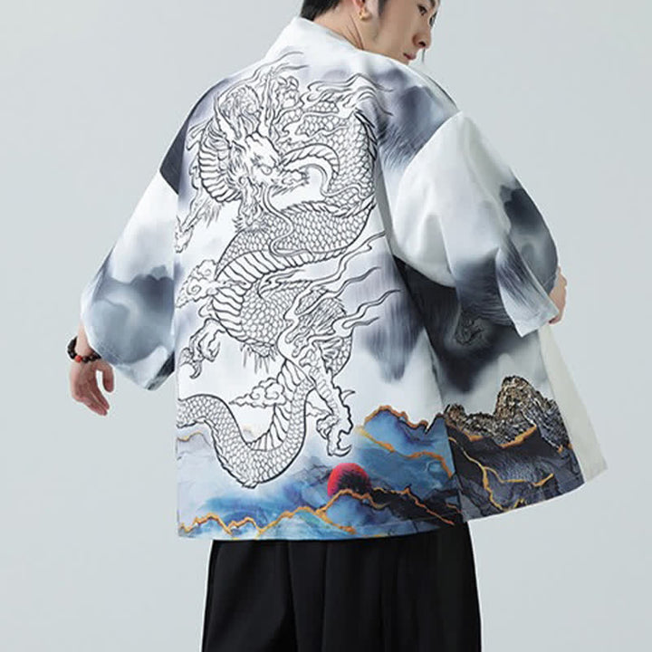 Buddha Stones Kimono de verano informal con estampado de montañas de dragones y frente abierto para hombre - image 20