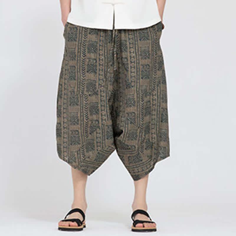 Buddha Stones Pantalones capri de verano estilo boho casual con cintura elástica y estampado floral geométrico para hombre. - image 1
