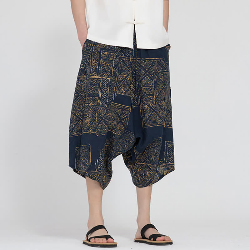Buddha Stones Pantalones capri de verano estilo boho casual con cintura elástica y estampado floral geométrico para hombre. - Azul acero - US/UK/AU48, EU58 (5XL) - image 14