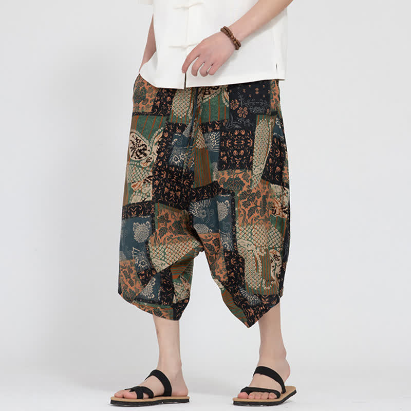 Buddha Stones Pantalones capri de verano estilo boho casual con cintura elástica y estampado floral geométrico para hombre. - Vara de oro oscura - US/UK/AU46, EU56 (5XL) - image 20
