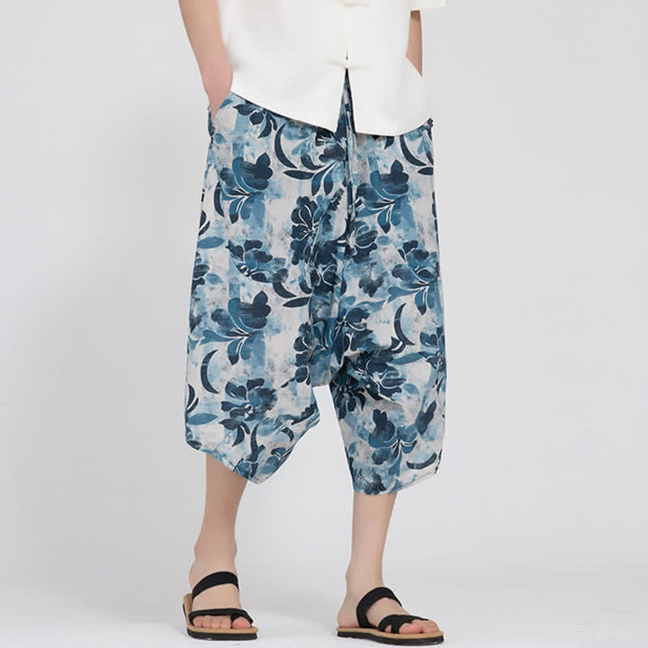 Buddha Stones Pantalones capri de verano estilo boho casual con cintura elástica y estampado floral geométrico para hombre. - Azul claro - US/UK/AU46, EU56 (5XL) - image 29