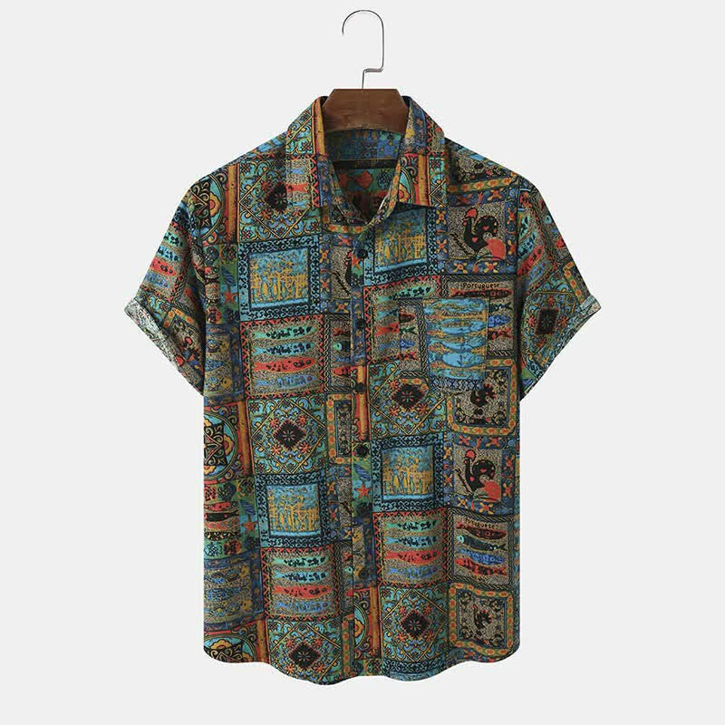 Buddha Stones Camisas de manga corta para hombre con botones, estilo bohemio vintage veraniego y estampado geométrico. - Verde azulado - US/UK/AU44，EU54 (3XL) - image 0