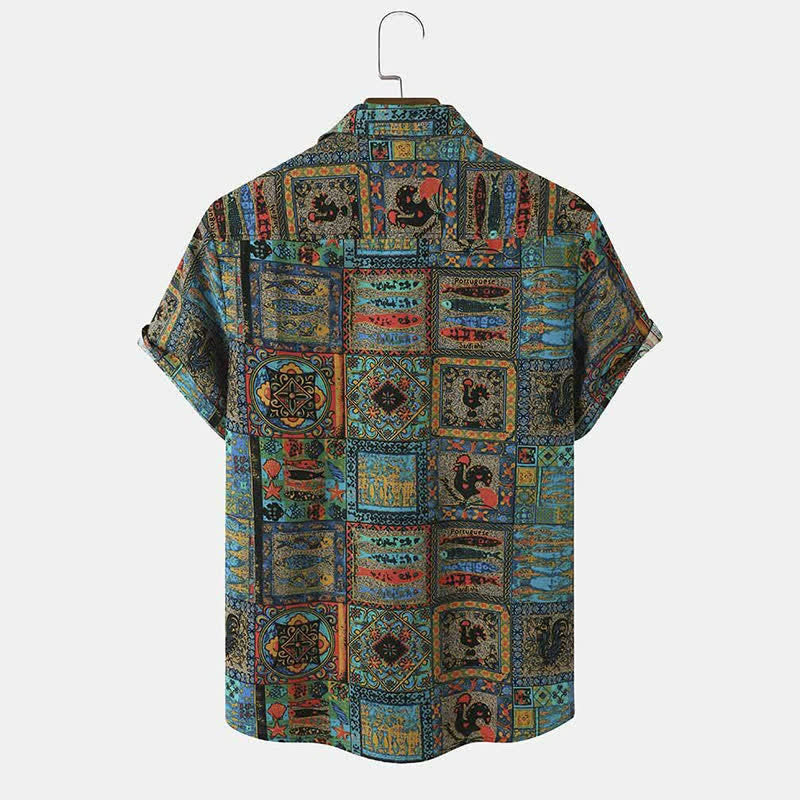 Buddha Stones Camisas de manga corta para hombre con botones, estilo bohemio vintage veraniego y estampado geométrico. - image 1