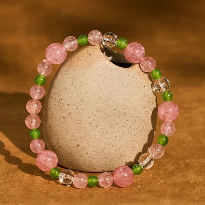 Buddha Stones Pulsera curativa de cuarzo fresa y ágata verde con cuarzo transparente - Cuarzo fresa (circunferencia de la muñeca: 16–17 cm) - image 0