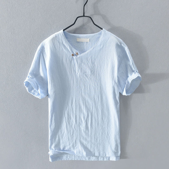 Buddha Stones Camisa de manga corta para hombre, estilo casual de verano, asimétrica, con cuello en V y botones. - Azul cielo claro - US/UK/AU44, EU54 (3XL) - image 4