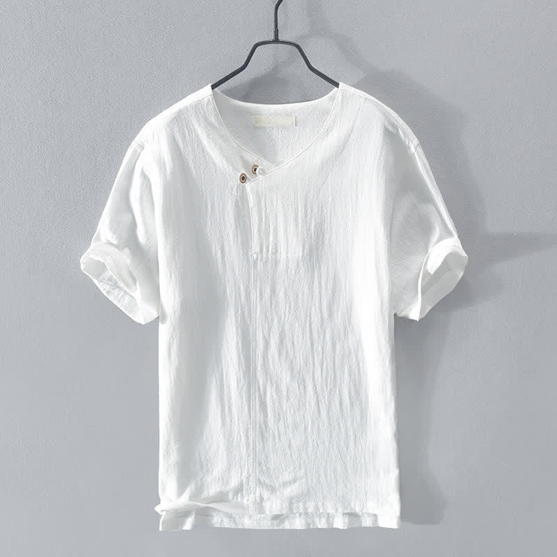 Buddha Stones Camisa de manga corta para hombre, estilo casual de verano, asimétrica, con cuello en V y botones. - Blanco - US/UK/AU44, EU54 (3XL) - image 12