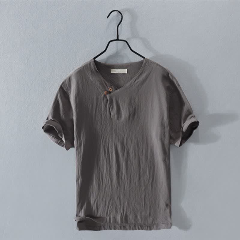 Buddha Stones Camisa de manga corta para hombre, estilo casual de verano, asimétrica, con cuello en V y botones. - Gris oscuro - US/UK/AU44, EU54 (3XL) - image 0