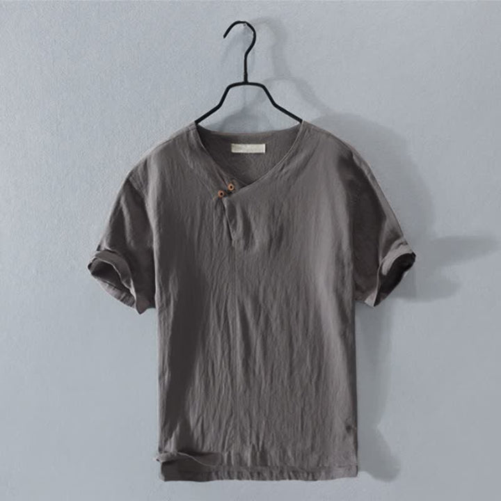 Buddha Stones Camisa de manga corta para hombre, estilo casual de verano, asimétrica, con cuello en V y botones. - Gris oscuro - US/UK/AU44, EU54 (3XL) - image 0