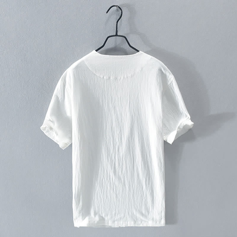 Buddha Stones Camisa de manga corta para hombre, estilo casual de verano, asimétrica, con cuello en V y botones. - image 13
