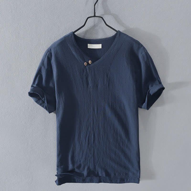 Buddha Stones Camisa de manga corta para hombre, estilo casual de verano, asimétrica, con cuello en V y botones. - Azul real - US/UK/AU44, EU54 (3XL) - image 8