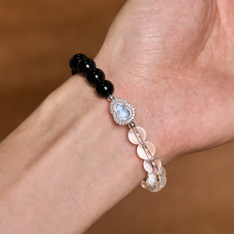 Buddha Stones Pulsera de cuarzo transparente, obsidiana negra y forma de calabaza. - image 9
