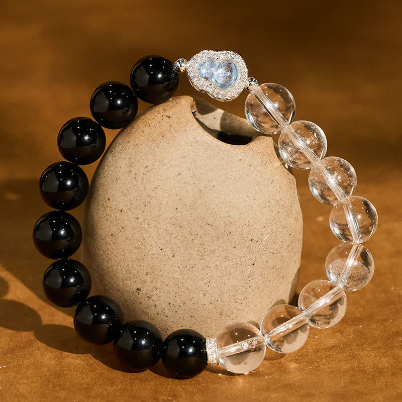 Buddha Stones Pulsera de cuarzo transparente, obsidiana negra y forma de calabaza. - Cuarzo transparente y obsidiana negra (circunferencia de la muñeca: 16-17 cm) - image 17