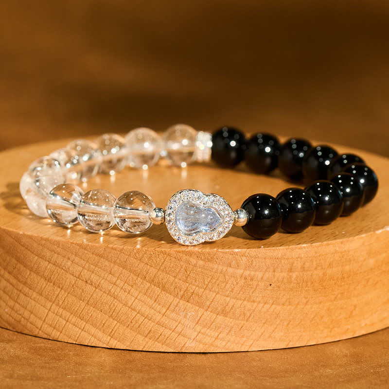 Buddha Stones Pulsera de cuarzo transparente, obsidiana negra y forma de calabaza. - image 1