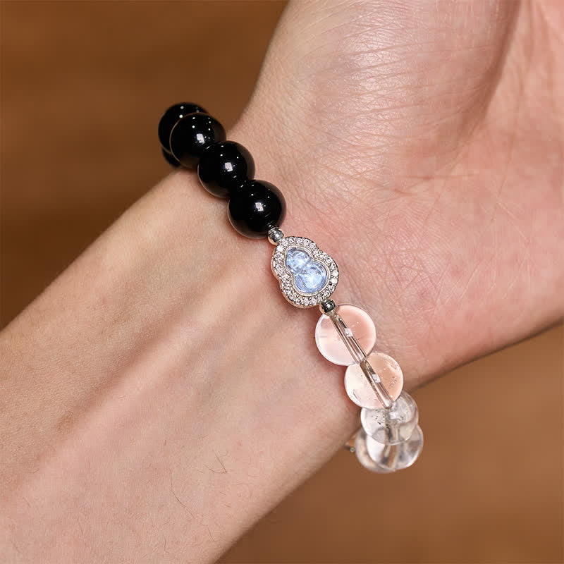 Buddha Stones Pulsera de cuarzo transparente, obsidiana negra y forma de calabaza. - image 23
