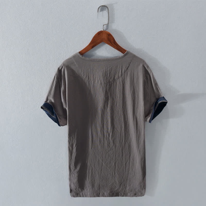 Buddha Stones Camisa de manga corta para hombre, estilo casual de verano, minimalista, con dos botones, de algodón y lino liso. - image 1