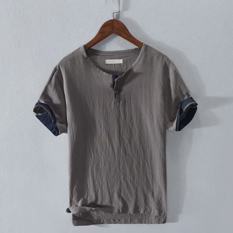 Buddha Stones Camisa de manga corta para hombre, estilo casual de verano, minimalista, con dos botones, de algodón y lino liso. - Gris - US/UK/AU42, EU52 (3XL) - image 0