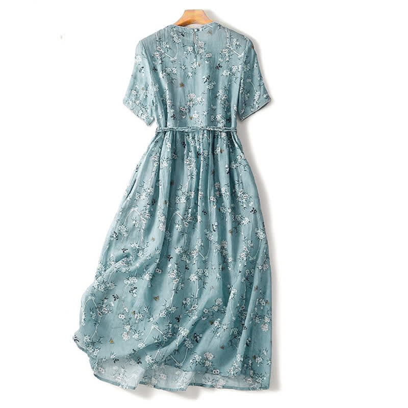 Buddha Stones Vestido de mujer informal de verano estilo vintage con cordón ajustable y estampado floral azul, manga corta. - image 1