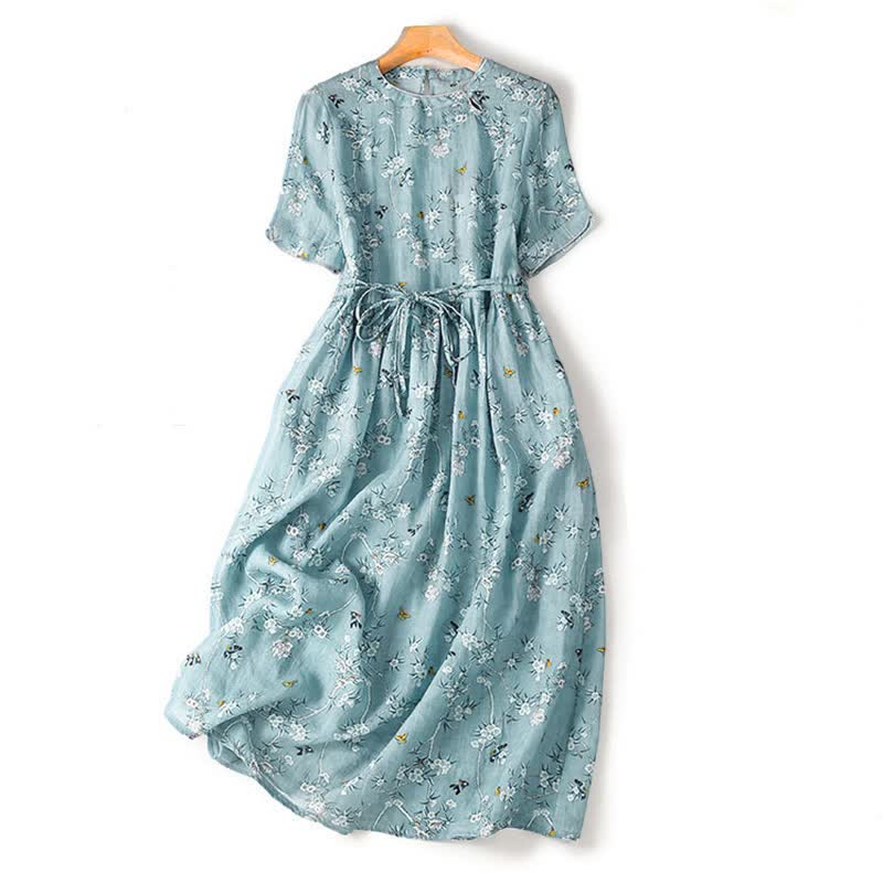 Buddha Stones Vestido de mujer informal de verano estilo vintage con cordón ajustable y estampado floral azul, manga corta. - Azul claro - US12, UK/AU16, EU44 (2XL) - image 0