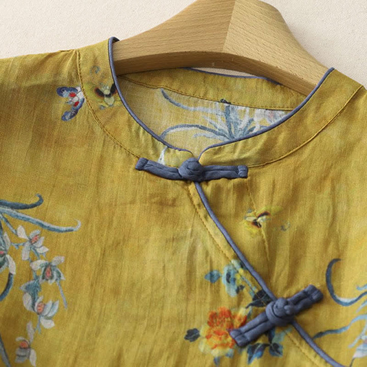Buddha Stones Camiseta sin mangas para mujer estilo Summer Tang Vintage Frog Button Orchid Floral - image 3