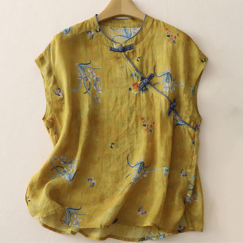 Buddha Stones Camiseta sin mangas para mujer estilo Summer Tang Vintage Frog Button Orchid Floral - Perú - Sin mangas - US12, UK/AU16, EU44 (2XL) - image 0