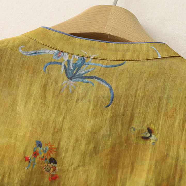 Buddha Stones Camiseta sin mangas para mujer estilo Summer Tang Vintage Frog Button Orchid Floral - image 6