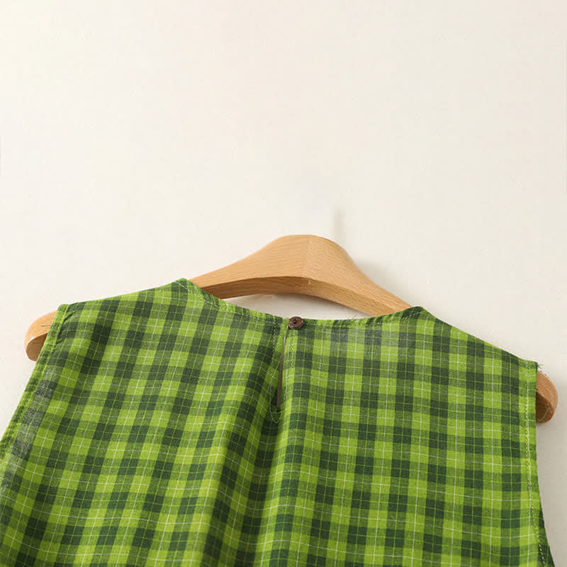 Buddha Stones Camiseta sin mangas de algodón con volantes y estampado de cuadros verdes para mujer, estilo casual de verano. - image 3