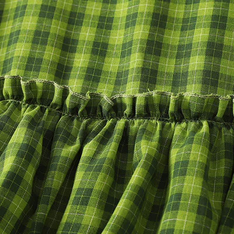 Buddha Stones Camiseta sin mangas de algodón con volantes y estampado de cuadros verdes para mujer, estilo casual de verano. - image 5