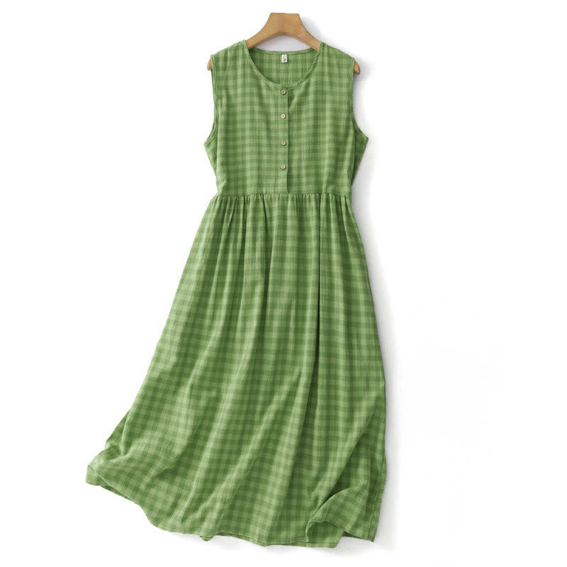 Buddha Stones Vestido de verano informal vintage para mujer con botones decorativos, estampado a cuadros verdes y sin mangas, con bolsillos. - Verde mar oscuro - US12, UK/AU16, EU44 (2XL) - image 0