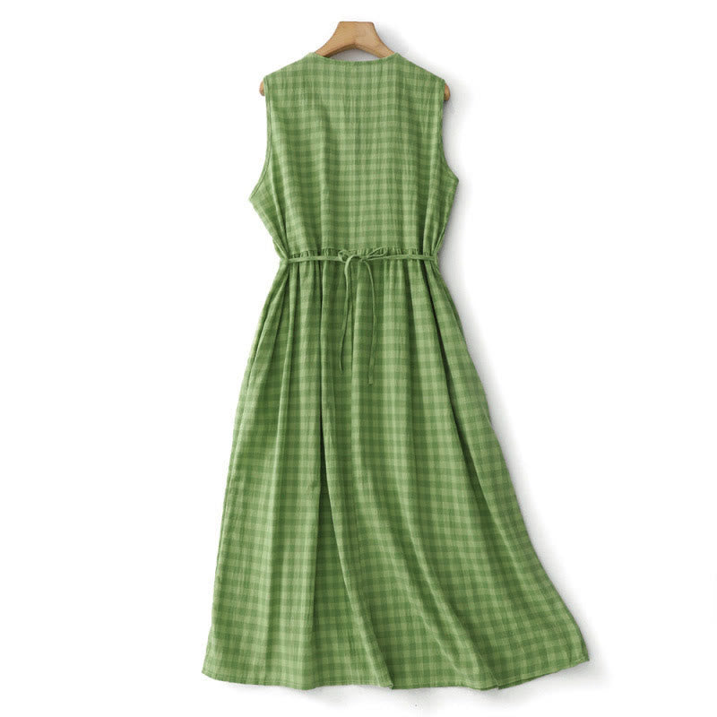 Buddha Stones Vestido de verano informal vintage para mujer con botones decorativos, estampado a cuadros verdes y sin mangas, con bolsillos. - image 1