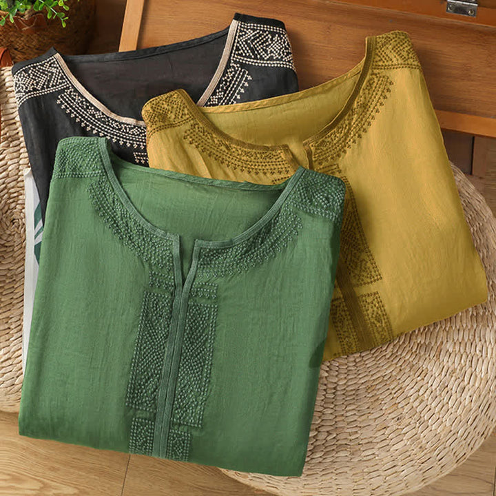 Buddha Stones Camisetas de manga corta para mujer con bordado geométrico, estilo bohemio informal de verano. - image 22